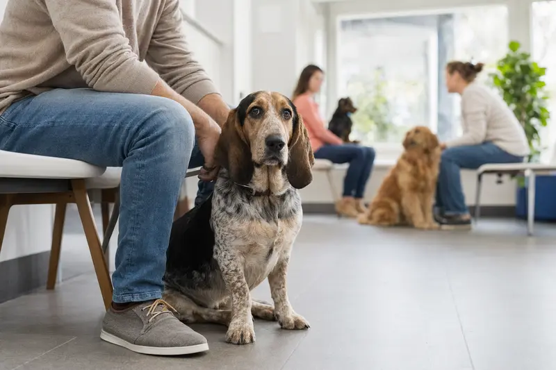Ein Basset artésien normand sitzt ruhig neben seinem Besitzer im hellen Wartezimmer einer modernen Tierarztpraxis.